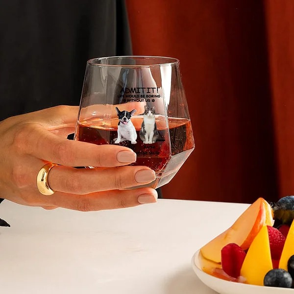 Personalized 1-4 Pet Portraits Diamond Shaped 10oz Whiskey Glasses and Slate Coaster with Name and Text Birthday Gift for Dog Cat Lovers