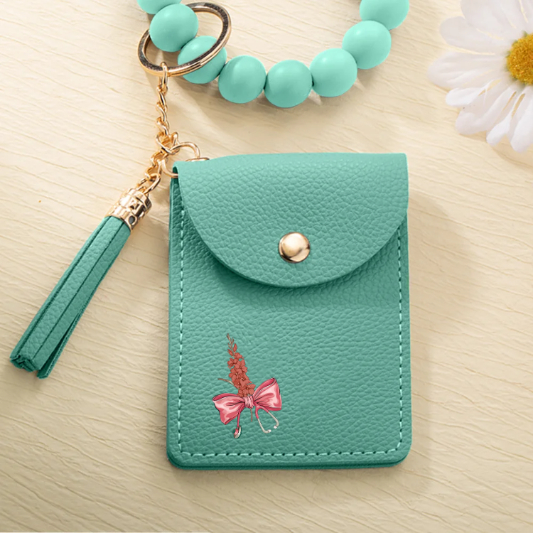 Personalized Birth Flower Bow-knot Stethoscope Tassel Keychain Wristlet Leather Wallet  Gift