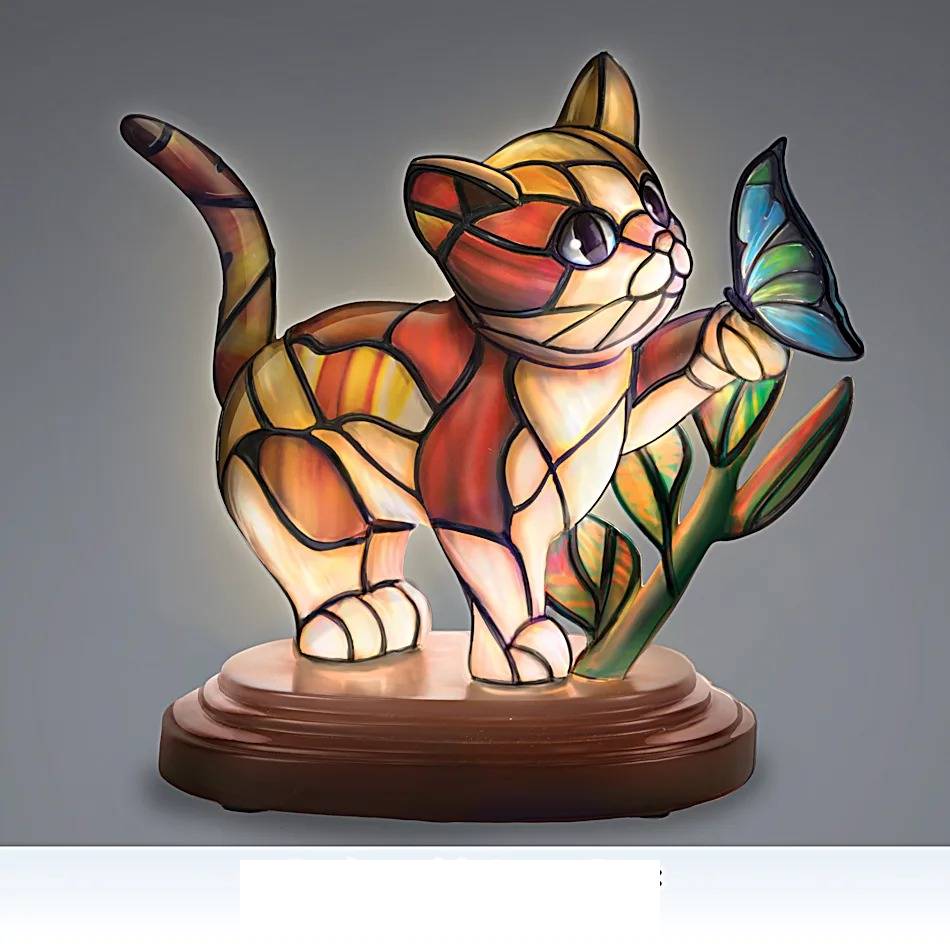 Lighted Crystalline Stained-Glass-Inspired Cat Sculptures