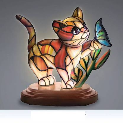 Lighted Crystalline Stained-Glass-Inspired Cat Sculptures