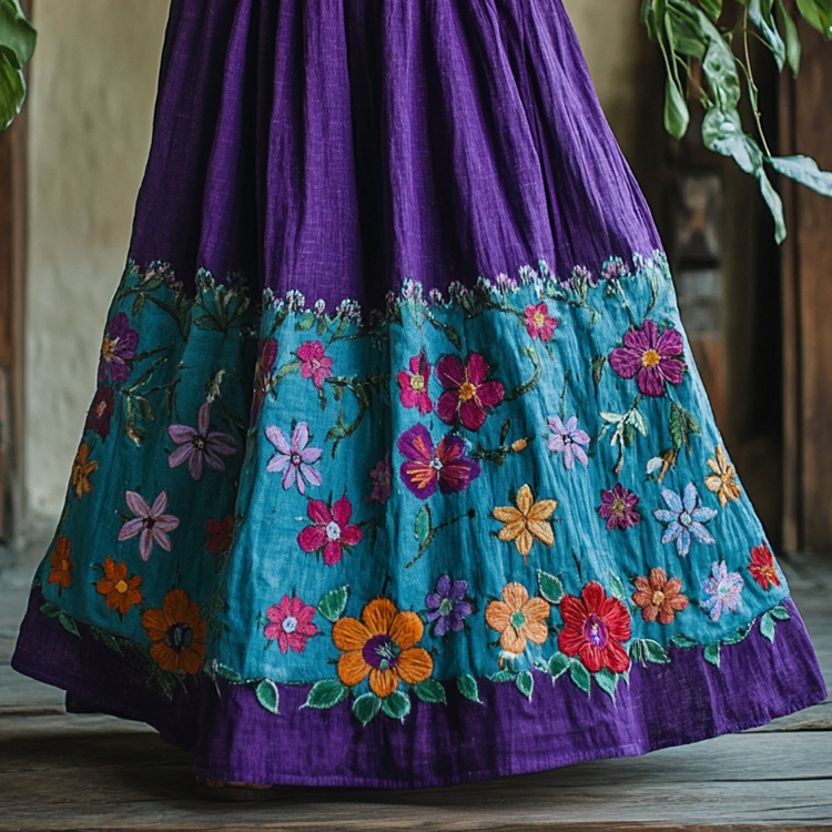 Vintage Floral Embroidery Pattern Art Print Linen Blend Skirt