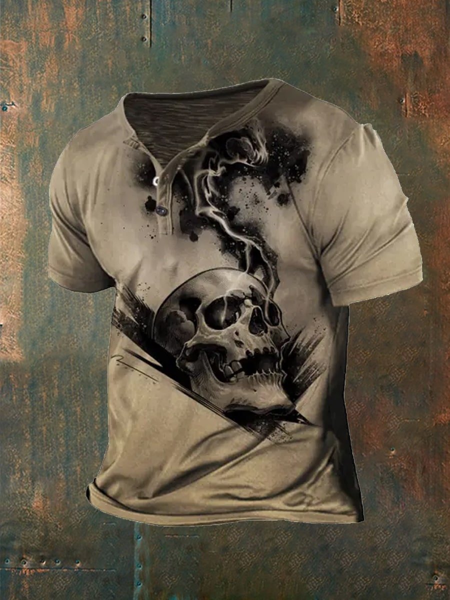 Men's Skull Print Button Collar Short Sleeves