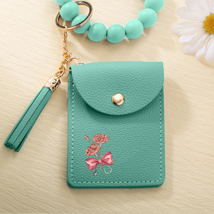 Personalized Birth Flower Bow-knot Stethoscope Tassel Keychain Wristlet Leather Wallet  Gift