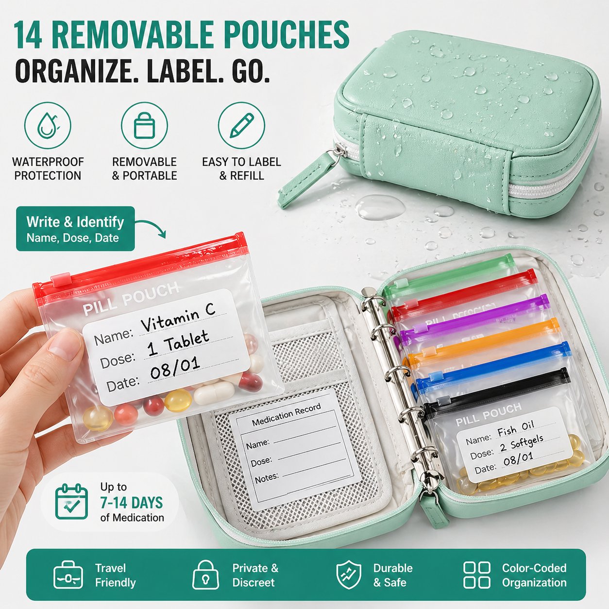 🏆💊Flash Sale⚡ Waterproof Pill Organizer Pouch Set – 14 Removable, Color-Coded Bags, Easy to Label & Refill🔥 Buy 2 Free Shipping