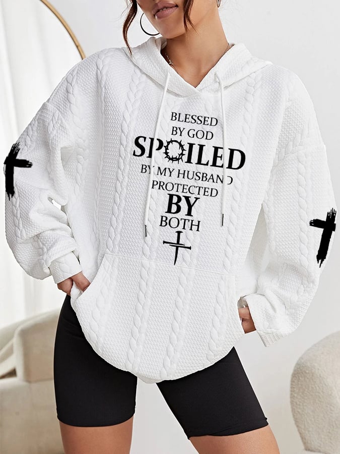 Women's Blessed By God Spoiled By My Husband Protected By Both Casual Cable Hoodie
