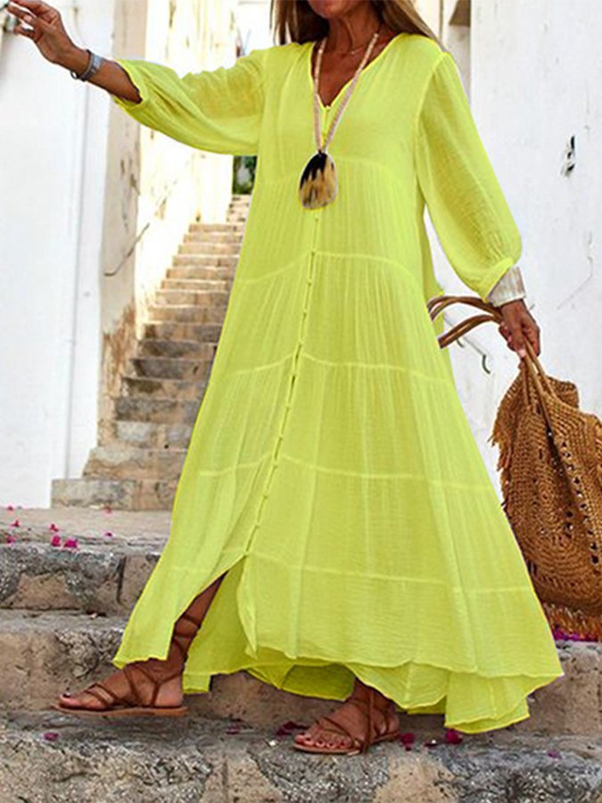 Women's V-Neck Long Sleeve Boho Cotton Linen Dress