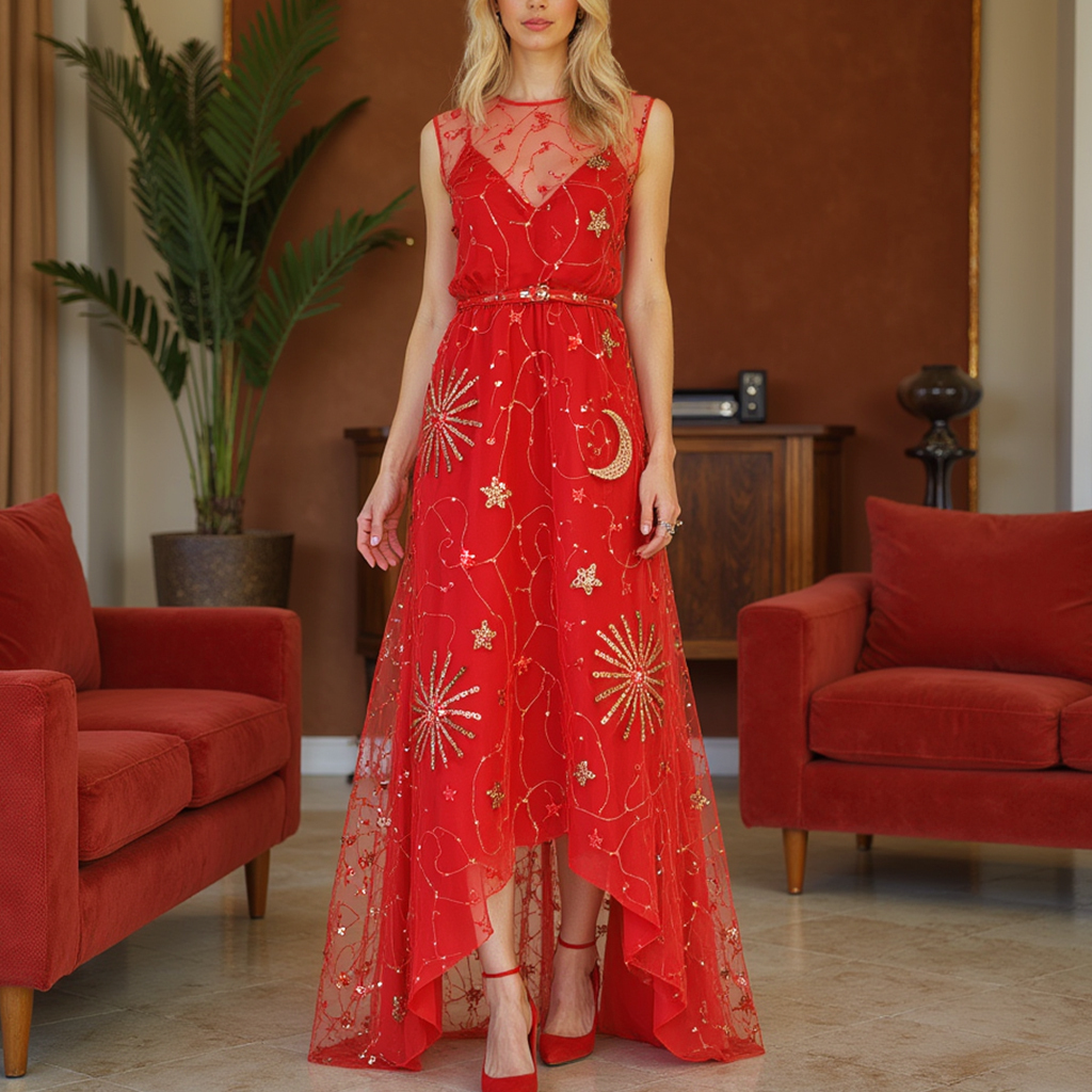 Women's Elegant Lace Mesh Sequin Embroidered Long Dress