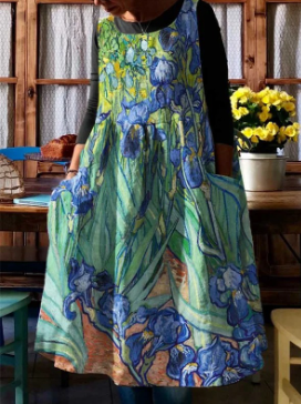 Casual Floral Oil Painting With Pocket Print Dress