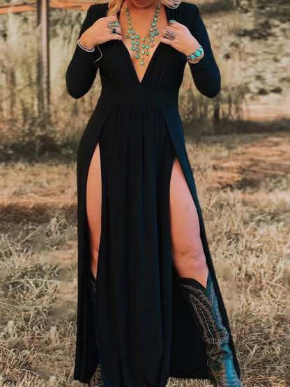 Halloween Women's Vintage Western Deep V Slit Dress
