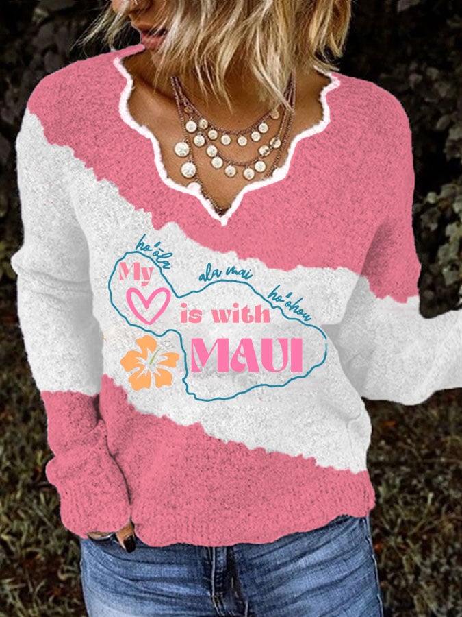 Women's Maui Strong My Heart Is With Maui Print Long Sleeve Knitwear