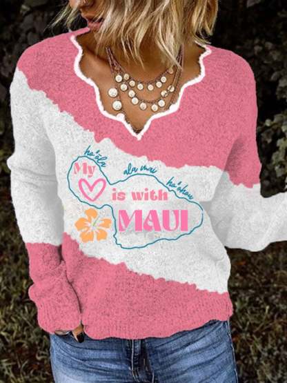 Women's Maui Strong My Heart Is With Maui Print Long Sleeve Knitwear
