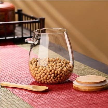 Sealed Glass Storage Jar with Bamboo Lid, Leak-Proof, Wide Mouth Design, Spoon Included 🍶🌿