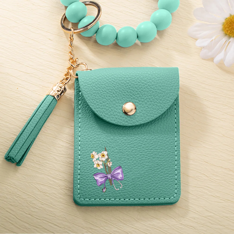 Personalized Birth Flower Bow-knot Stethoscope Tassel Keychain Wristlet Leather Wallet  Gift