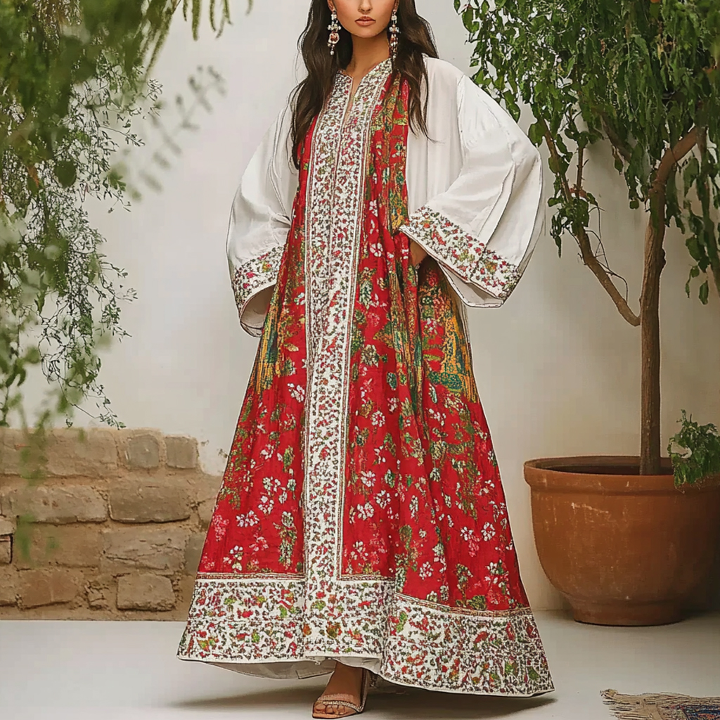 Women's Middle Eastern Floral Print Contrast Color Stitching Temperament Four Seasons Robe Dress