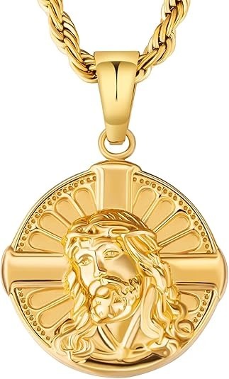 Coin Pendant Medallion Necklace, Jesus/St. Christopher/Cross Circle Gold Vintage Coin Necklace For Men, 2.5mm, 22in
