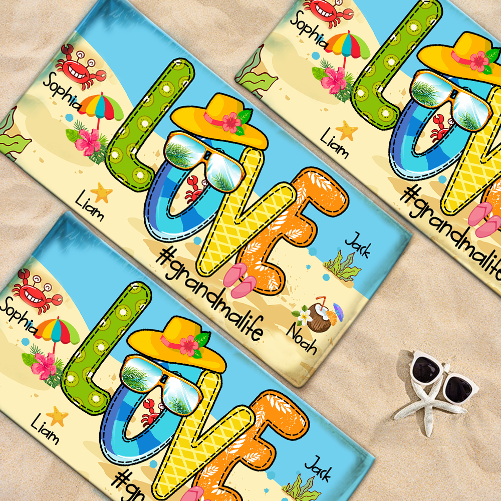 Personalized Grandma Beach Towel, Beach Love Gift for Grandma and Kids, Summer Beach Towel