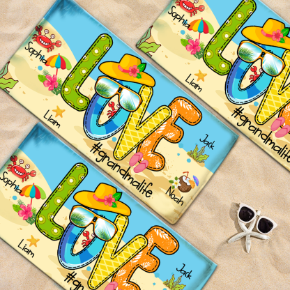Personalized Grandma Beach Towel, Beach Love Gift for Grandma and Kids, Summer Beach Towel