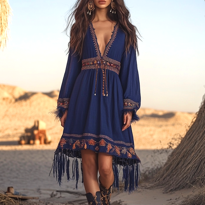 Women's Bohemian Blue Tassel Dress With Embroidered Details