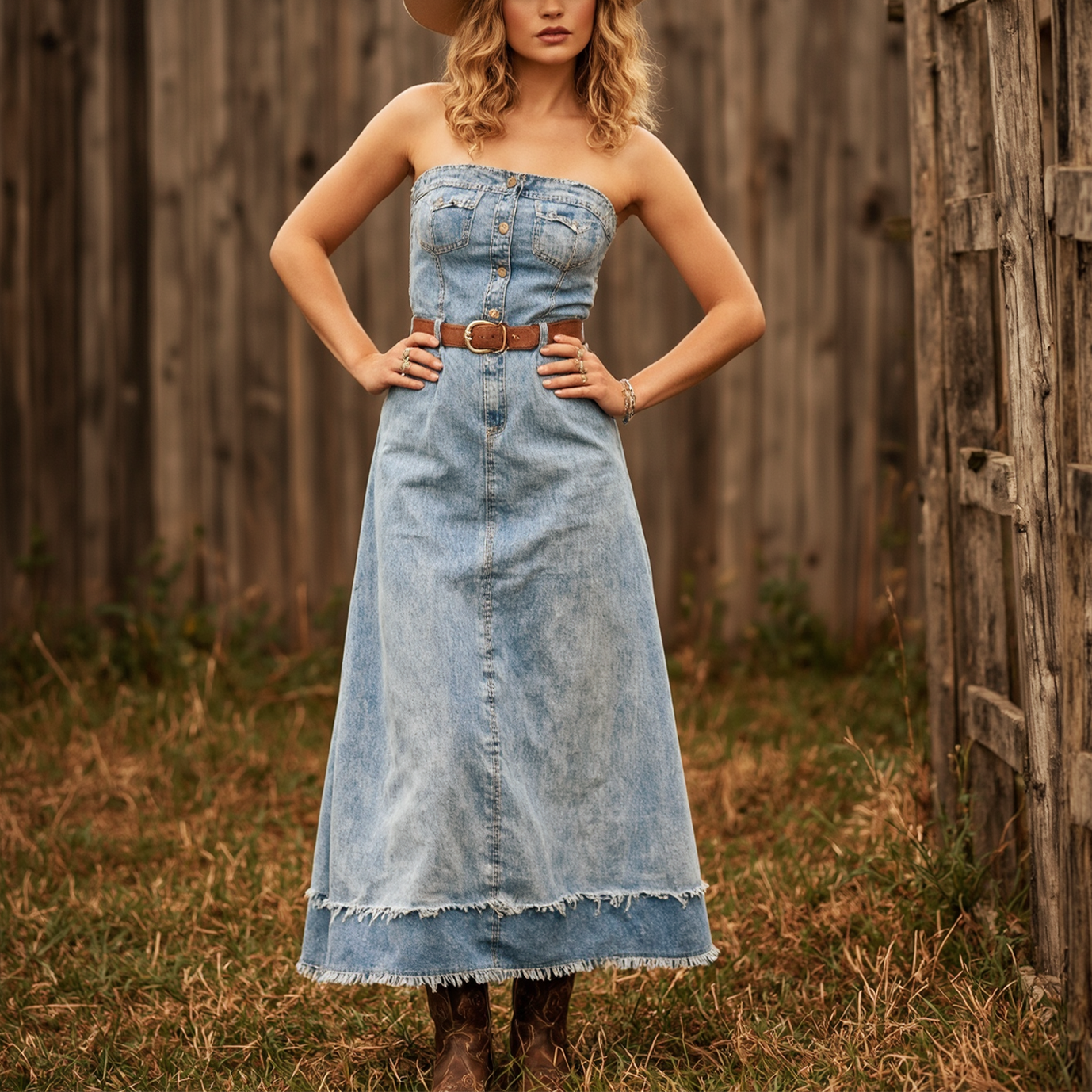 Women's Vintage Cowboy Boho Chic Denim Dress With Wide Brim Hat