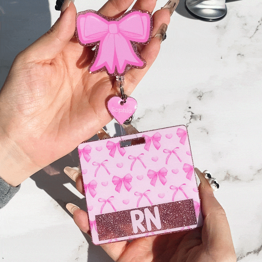 Personalized Pink Glitter Coquette Bow Heart Badge Reel with Name and Text Gift