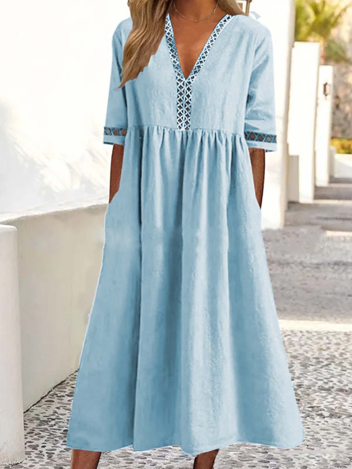 Casual Plain V Neck Hollow Half Sleeve Midi Gathered Dress
