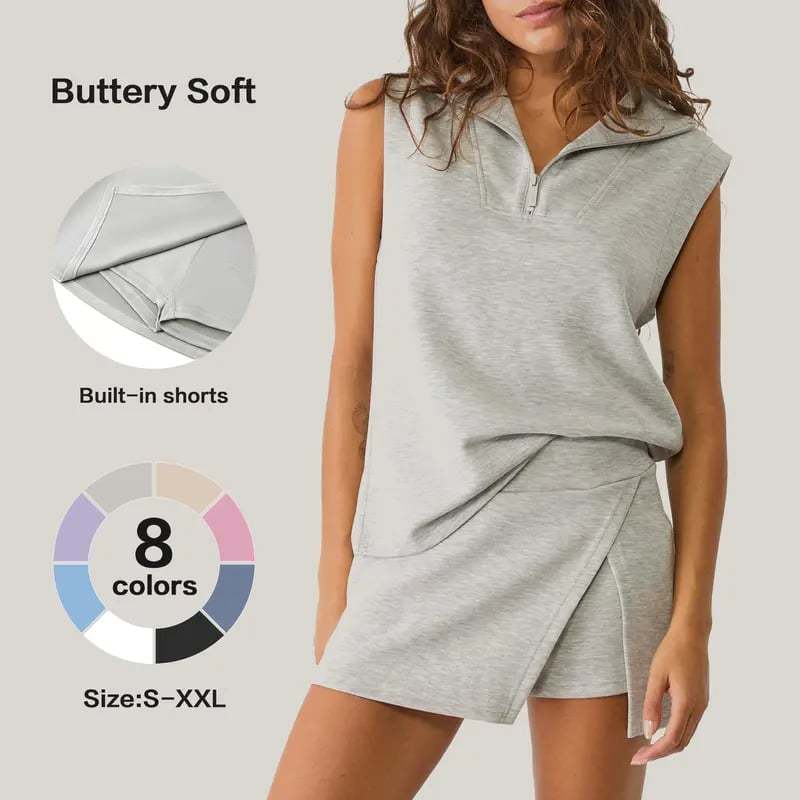Womens 2 Piece Skirt Sets Summer Sleeveless Half Zip Sweatshirt Athletic Skorts Tennis Outfits Casual Sweatsuits