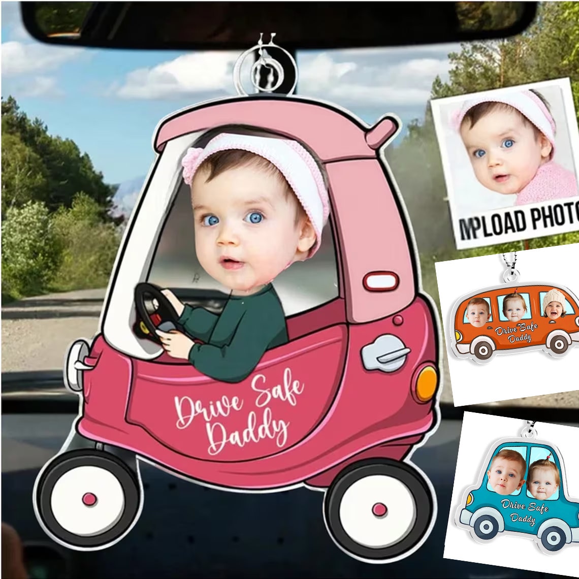 Customized Drive Safe Daddy Acrylic Car Hanging with Photo - Personalized Father's Day Gift for New Dad & Husband