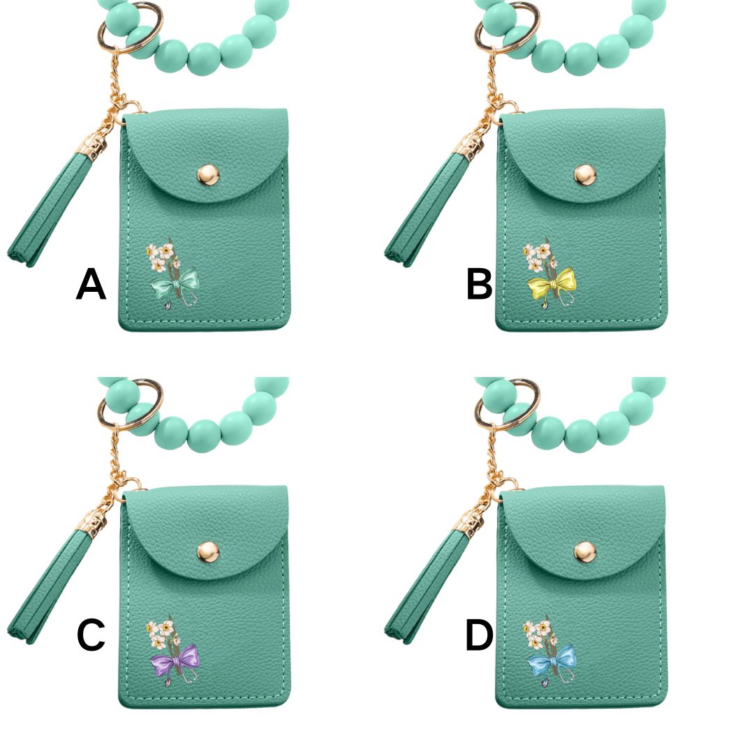 Personalized Birth Flower Bow-knot Stethoscope Tassel Keychain Wristlet Leather Wallet  Gift