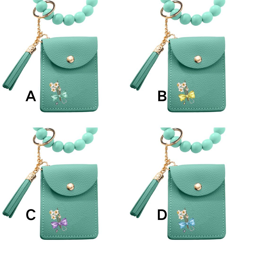 Personalized Birth Flower Bow-knot Stethoscope Tassel Keychain Wristlet Leather Wallet  Gift