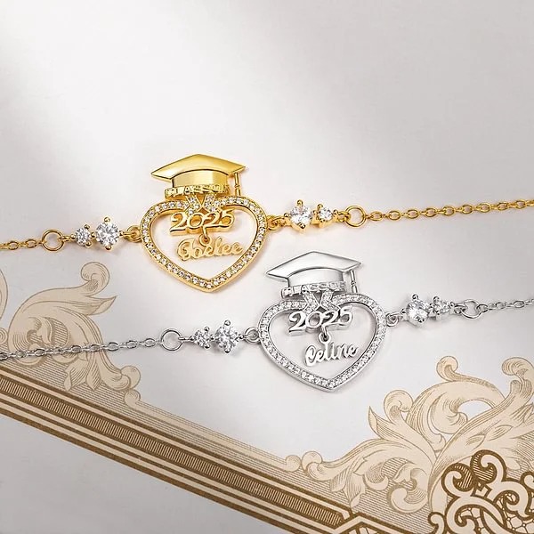 Personalized Dainty Bachelor Hat Heart Zircon Bracelet with Name Woman Jewelry 2025 Graduation Birthday Gift for Graduates