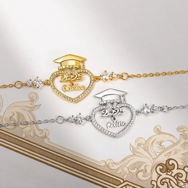 Personalized Dainty Bachelor Hat Heart Zircon Bracelet with Name Woman Jewelry 2025 Graduation Birthday Gift for Graduates