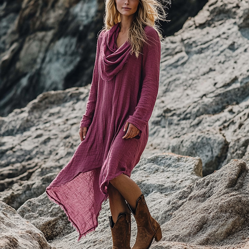 Bohemian Irregular Hem Pile Collar Linen Dress