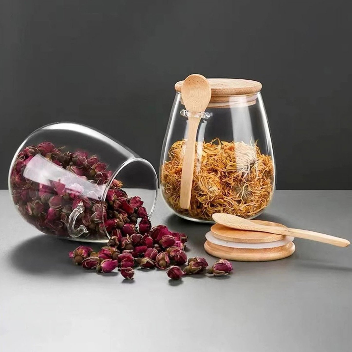 Sealed Glass Storage Jar with Bamboo Lid, Leak-Proof, Wide Mouth Design, Spoon Included 🍶🌿