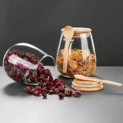 Sealed Glass Storage Jar with Bamboo Lid, Leak-Proof, Wide Mouth Design, Spoon Included 🍶🌿