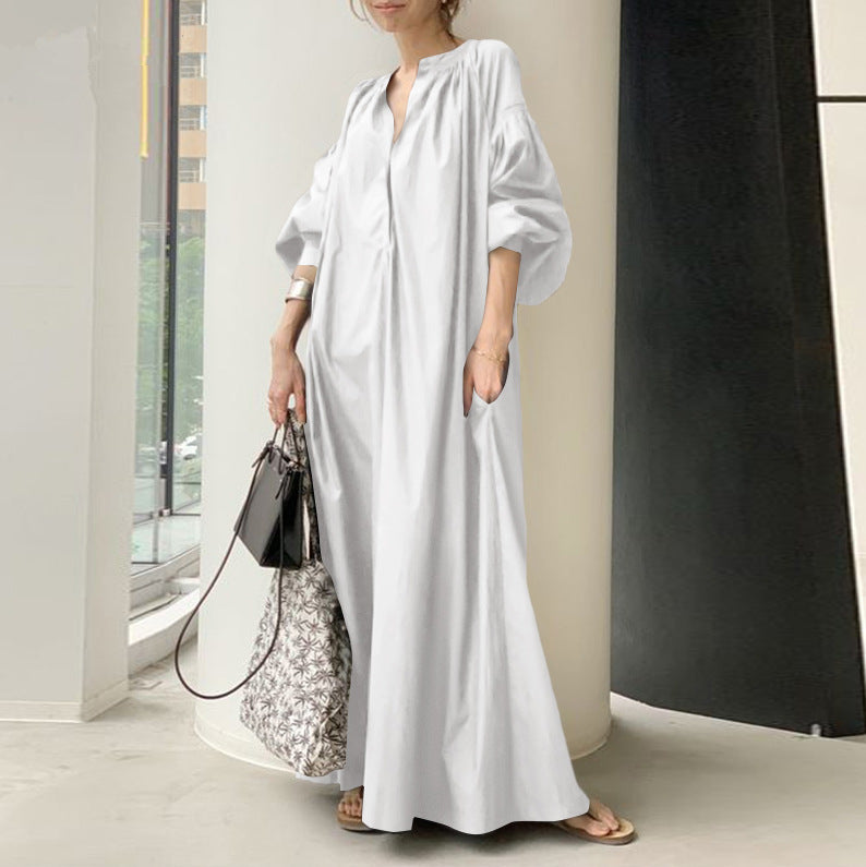 Cotton Linen Stand Collar Long Loose Fashion Casual Lantern Sleeves Swing Dress
