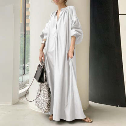 Cotton Linen Stand Collar Long Loose Fashion Casual Lantern Sleeves Swing Dress