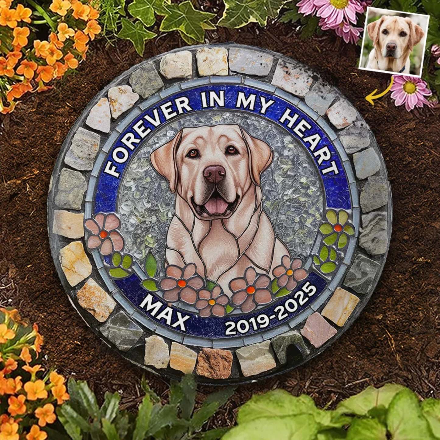 Custom Photo Forever Loved, Never Forgotten - Memorial Personalized Custom 3D Mosaic Faux Stained Glass Print Round Shaped Memorial Stone - Sympathy Gift For Pet Owners, Pet Lovers