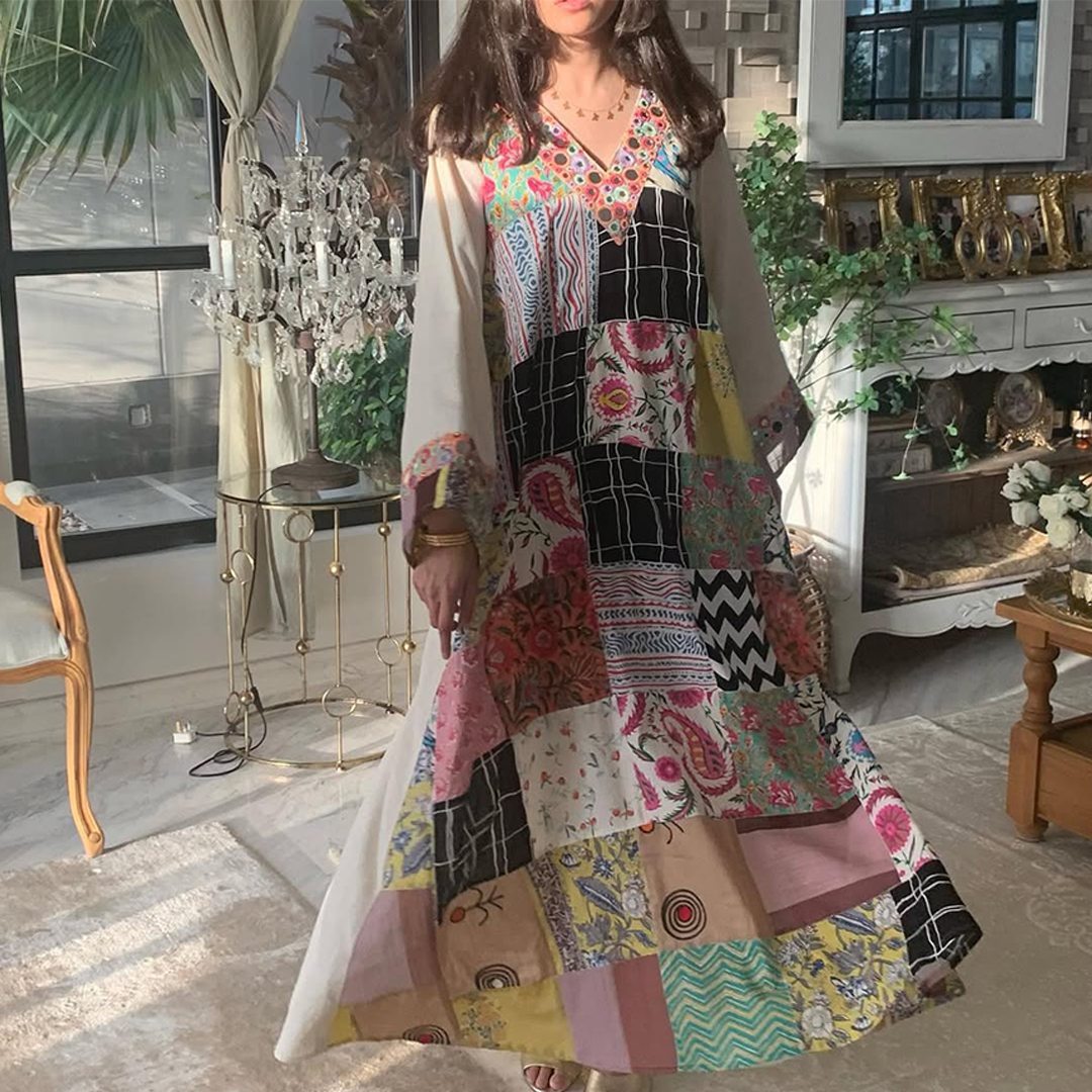 Women's Middle Eastern Retro Patchwork Pattern Printed Jalabiyas Dress