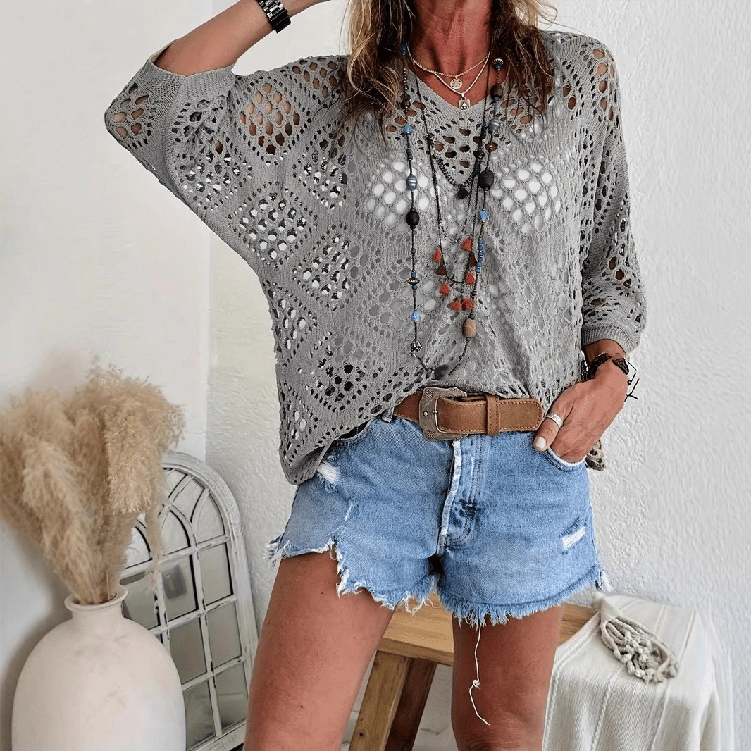 Women's Bohemian-Inspired Beige Crochet Top with V-Neck