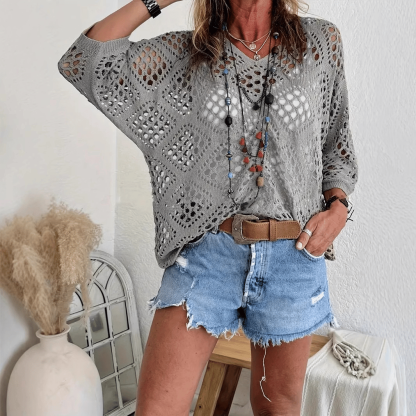 Women's Bohemian-Inspired Beige Crochet Top with V-Neck