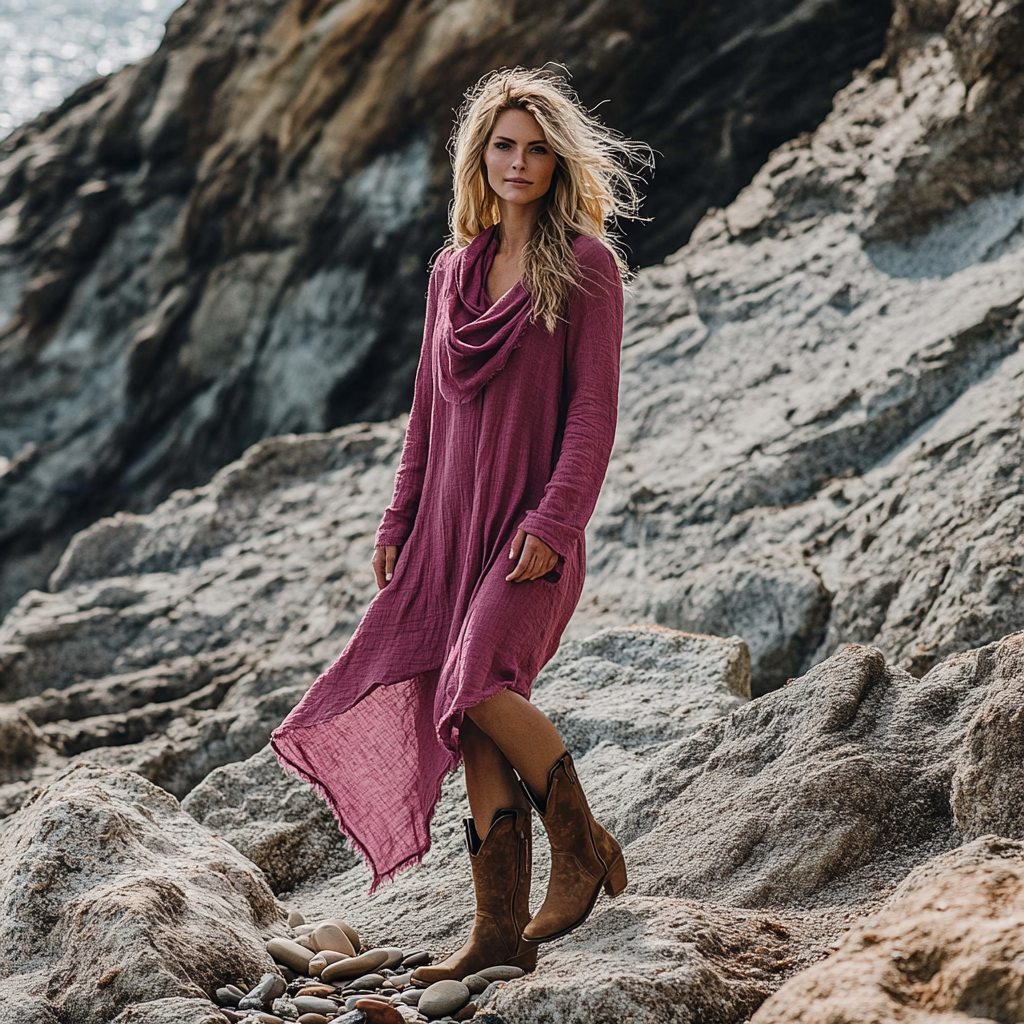 Bohemian Irregular Hem Pile Collar Linen Dress
