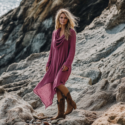 Bohemian Irregular Hem Pile Collar Linen Dress