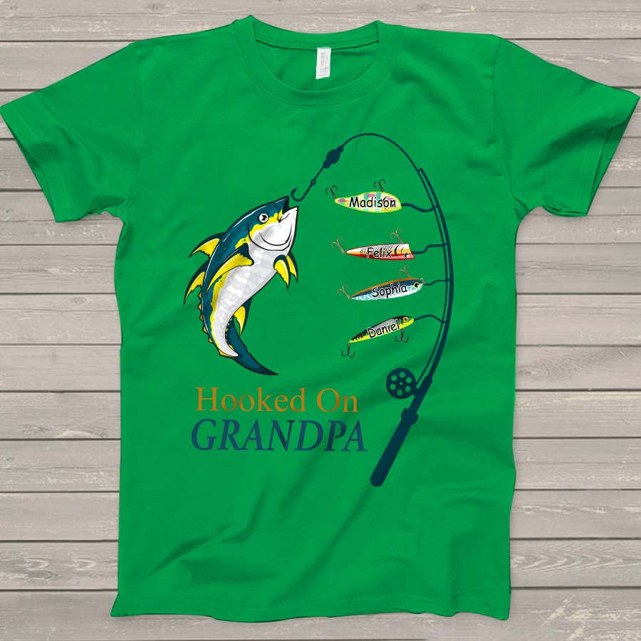 Personalized Hooked On Grandpa Shirt, Fishing Dad Shirt, Father's Day Shirt