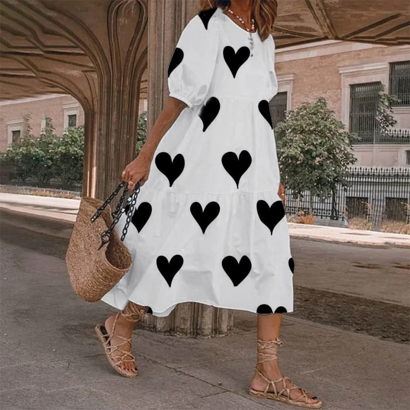 Heart Print Loose Type Casual Short Sleeve Dress