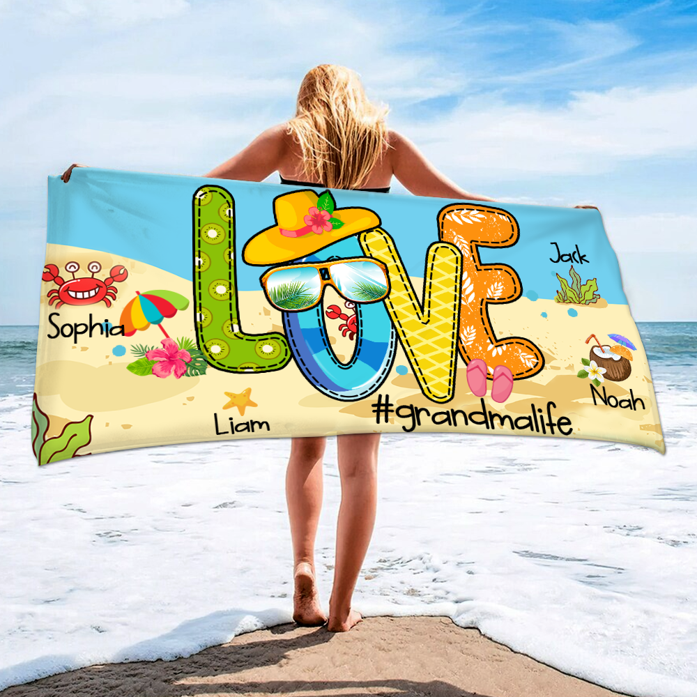 Personalized Grandma Beach Towel, Beach Love Gift for Grandma and Kids, Summer Beach Towel