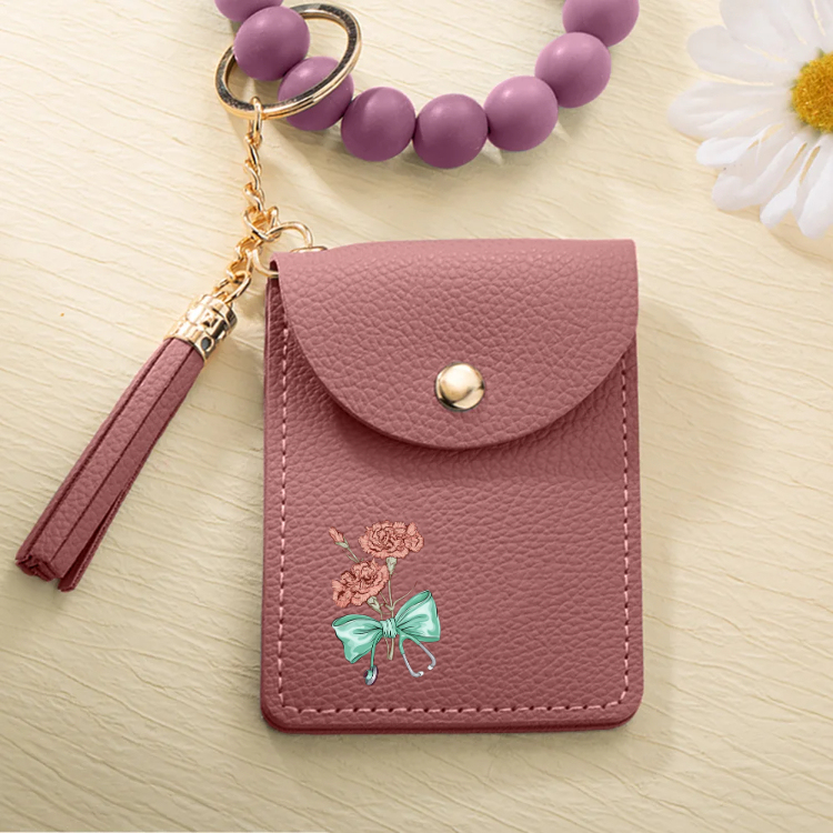 Personalized Birth Flower Bow-knot Stethoscope Tassel Keychain Wristlet Leather Wallet  Gift
