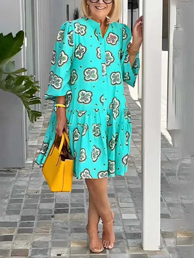 European And American Style Casual All-Match Printed Puff Sleeve Dress