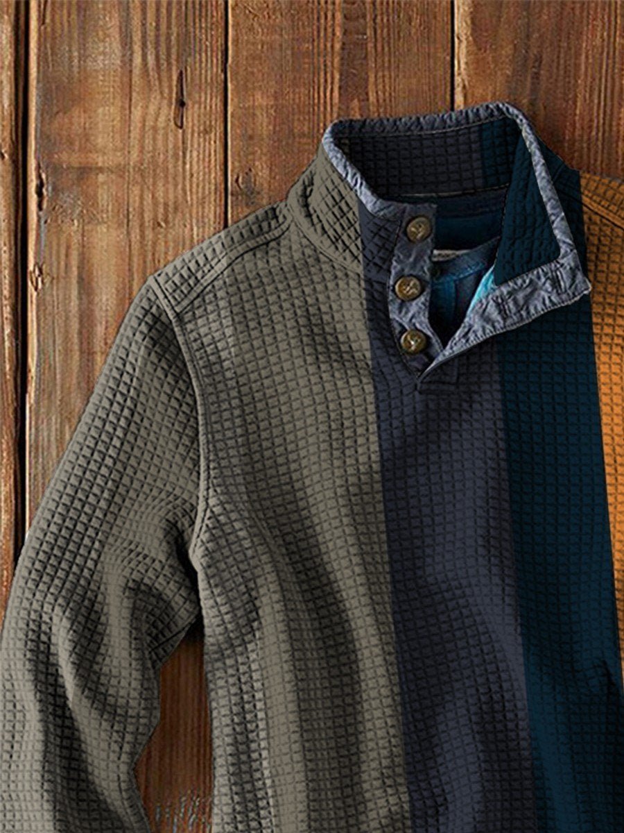 Men's Simple Color Matching Art Waffle Long Sleeve Casual Top