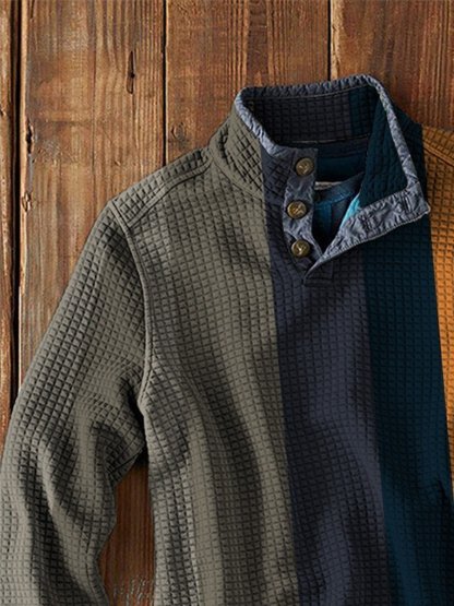 Men's Simple Color Matching Art Waffle Long Sleeve Casual Top