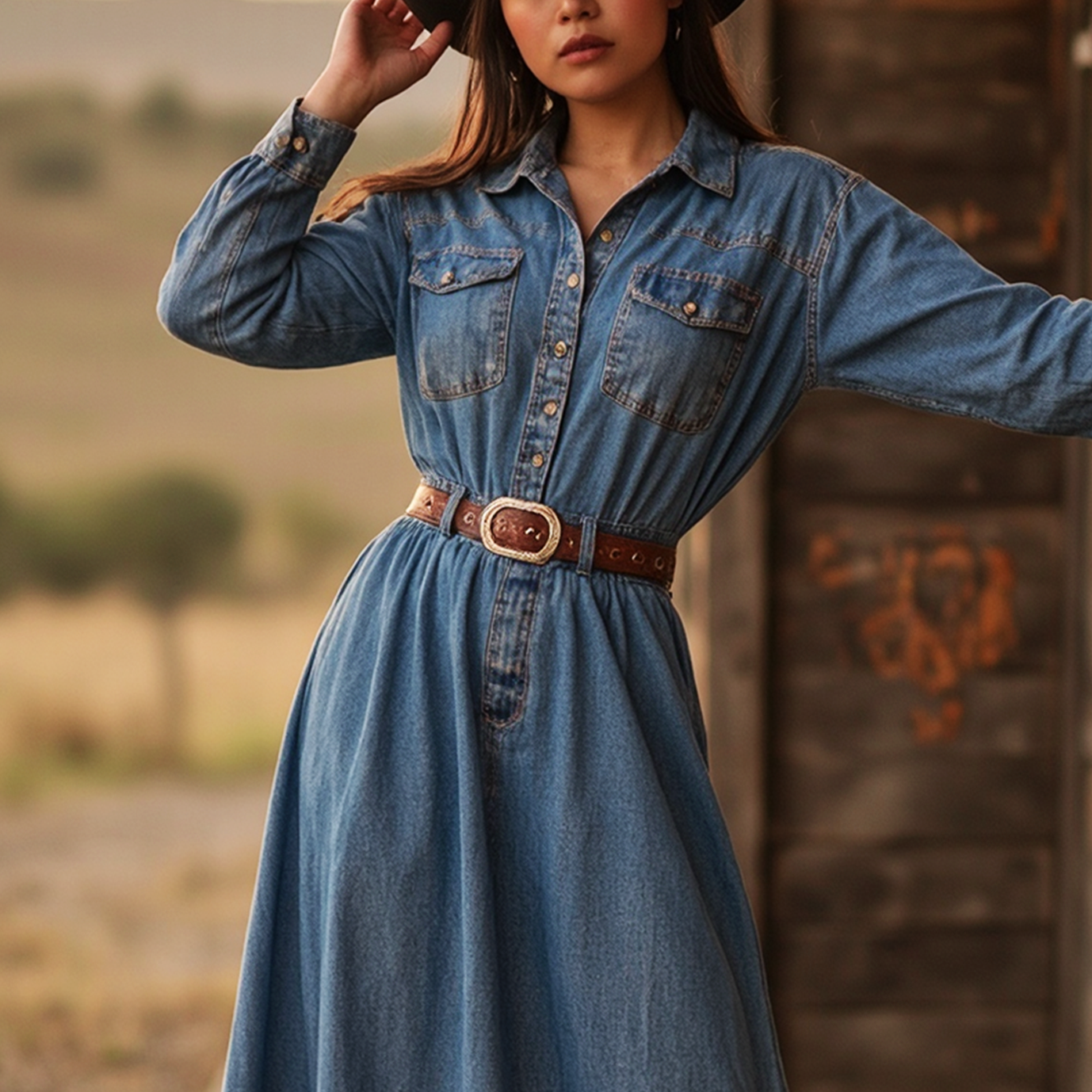 Women's Vintage Blue Denim Maxi Dress With Belted Waist